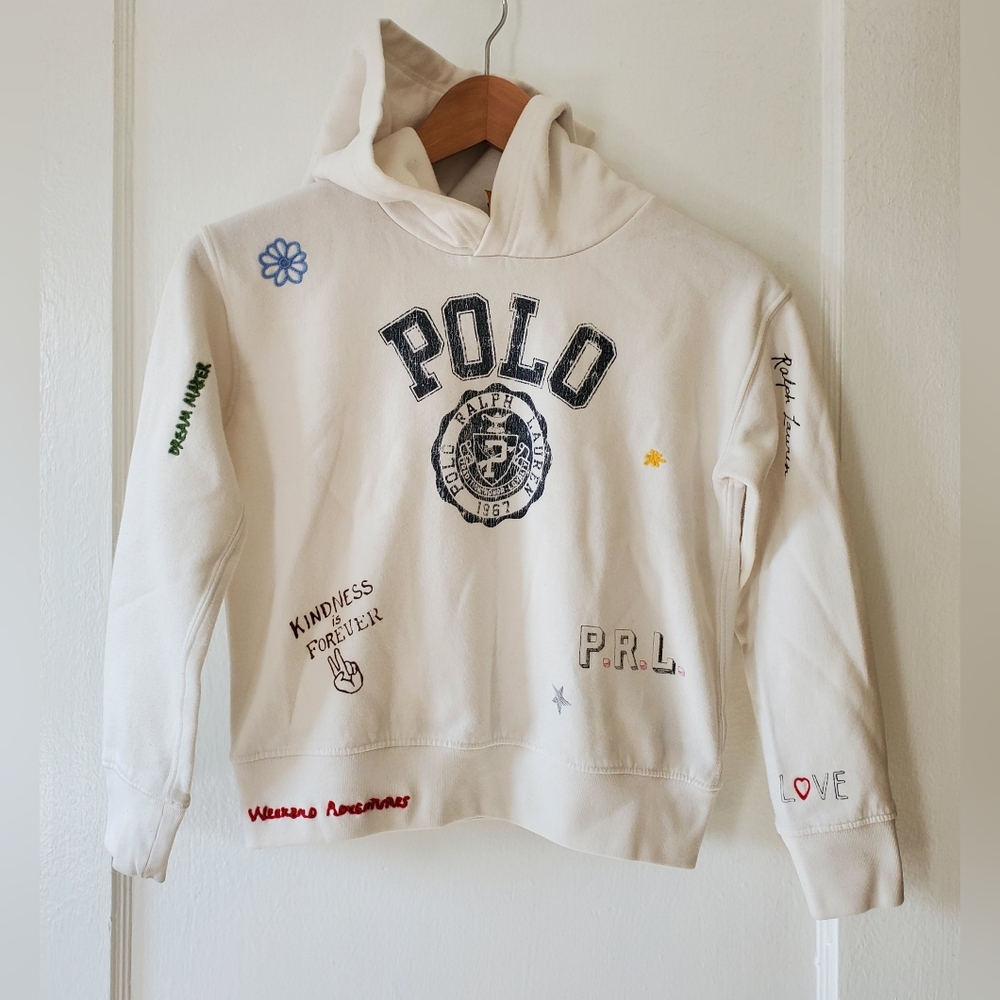 Ralph Lauren White Hooded Pullover Sweatshirt With Embroidery Kids Sz M (8/10)